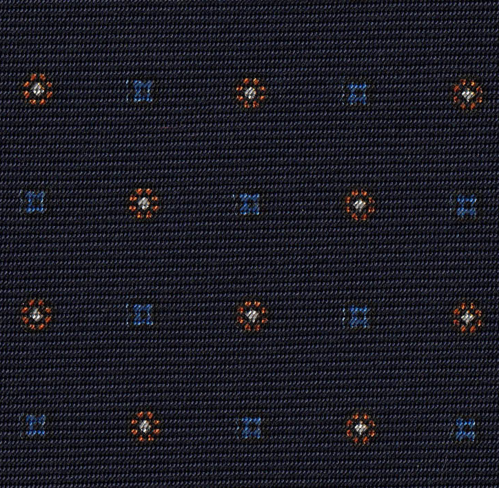 Blue, White & Orange on Dark Navy Blue Print Pattern Silk Tie #MCT-603