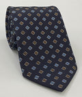 Light Blue, Orange, White & Chocolate on Dark Navy Blue Print Pattern Silk Tie MCT-606