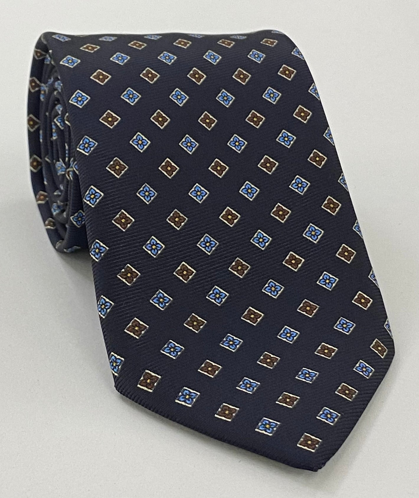 Light Blue, Orange, White & Chocolate on Dark Navy Blue Print Pattern Silk Tie #MCT-606