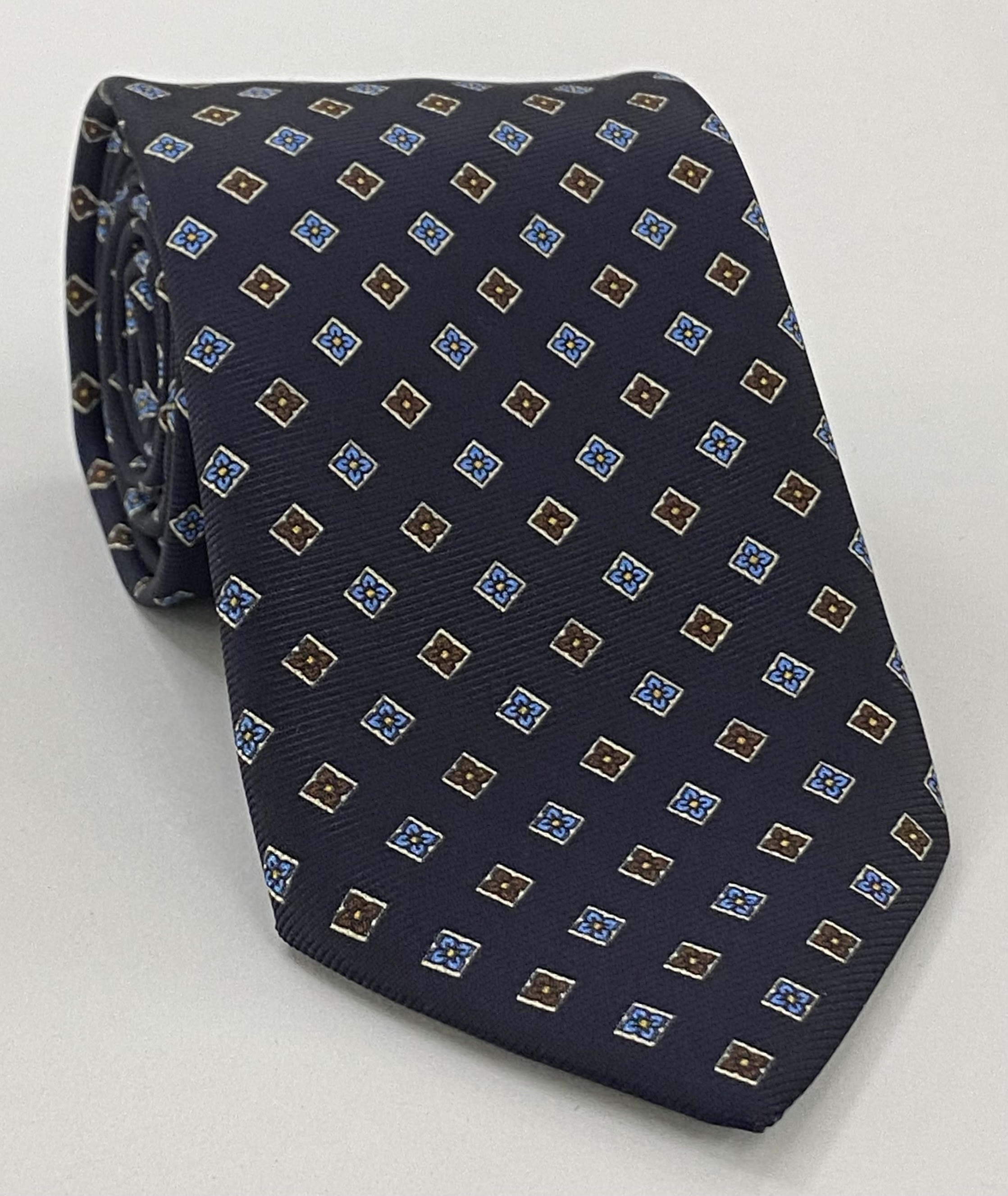 Light Blue, Orange, White & Chocolate on Dark Navy Blue Print Pattern Silk Tie MCT-606