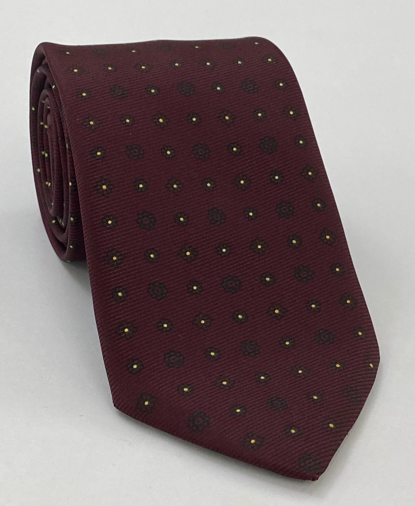 Yellow Gold & Black on Dark Burgundy Print Pattern Silk Tie MCT-607 last tie