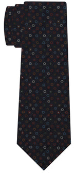 {[en]:Sky Blue, Red, Orange, White, Burnt Orang & Dark Green on Dark Navy Blue Print Pattern Silk Tie