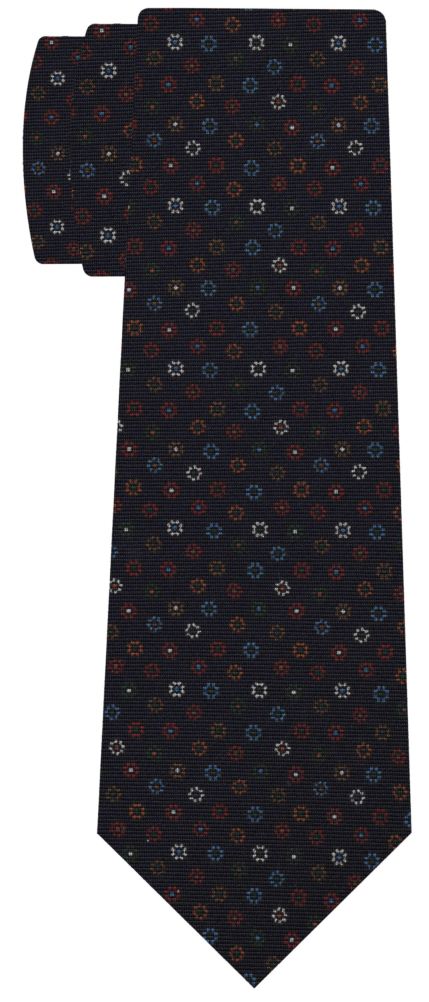 {[en]:Sky Blue, Red, Orange, White, Burnt Orang & Dark Green on Dark Navy Blue Print Pattern Silk Tie
