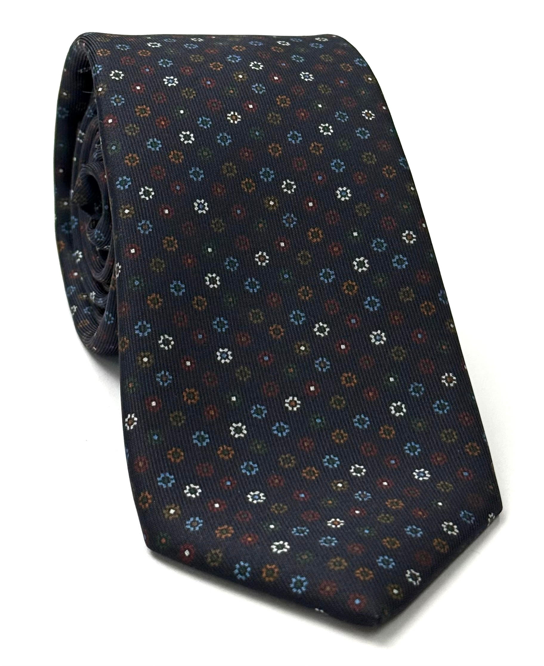 Sky Blue, Red, Orange, White, Burnt Orange & Dark Green on Dark Navy Blue Print Pattern Silk Tie MCT-608