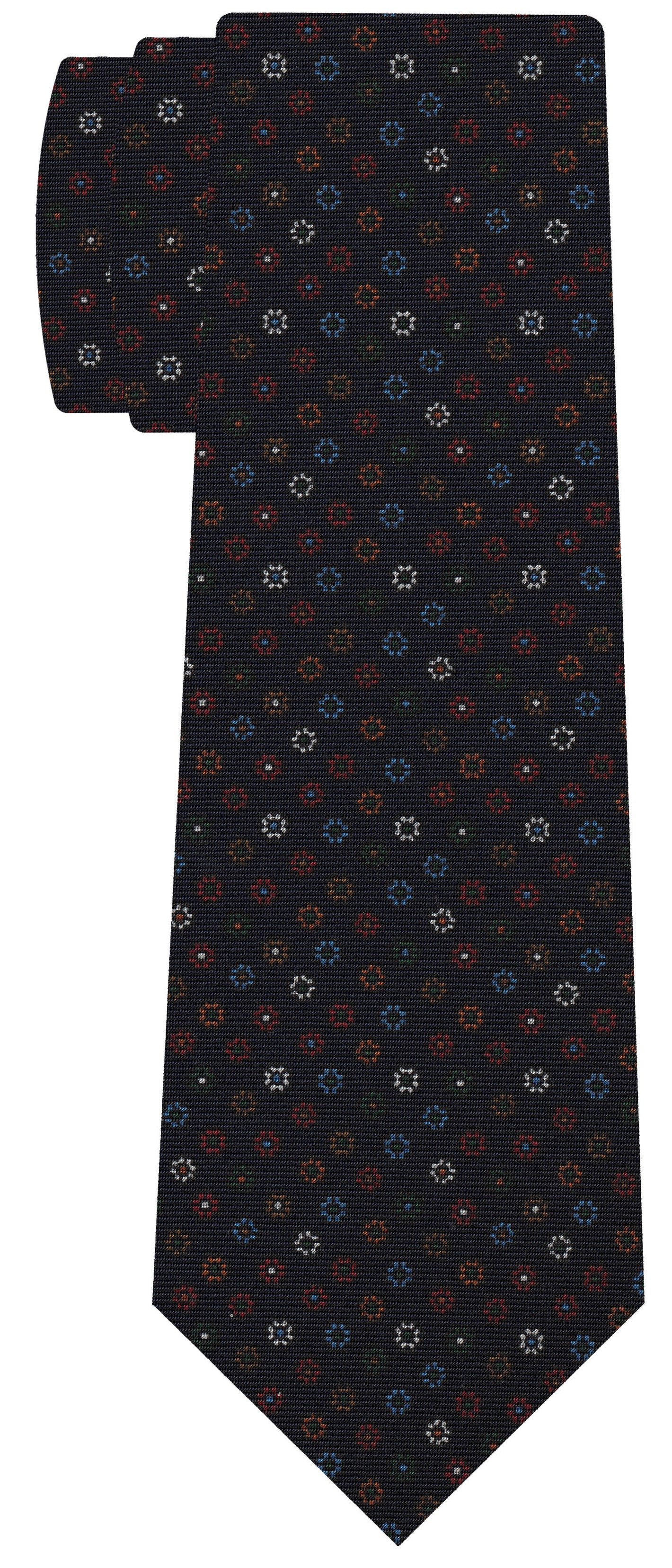 {[en]:Sky Blue, Red, Orange, White, Burnt Orang & Dark Green on Dark Navy Blue Print Pattern Silk Tie