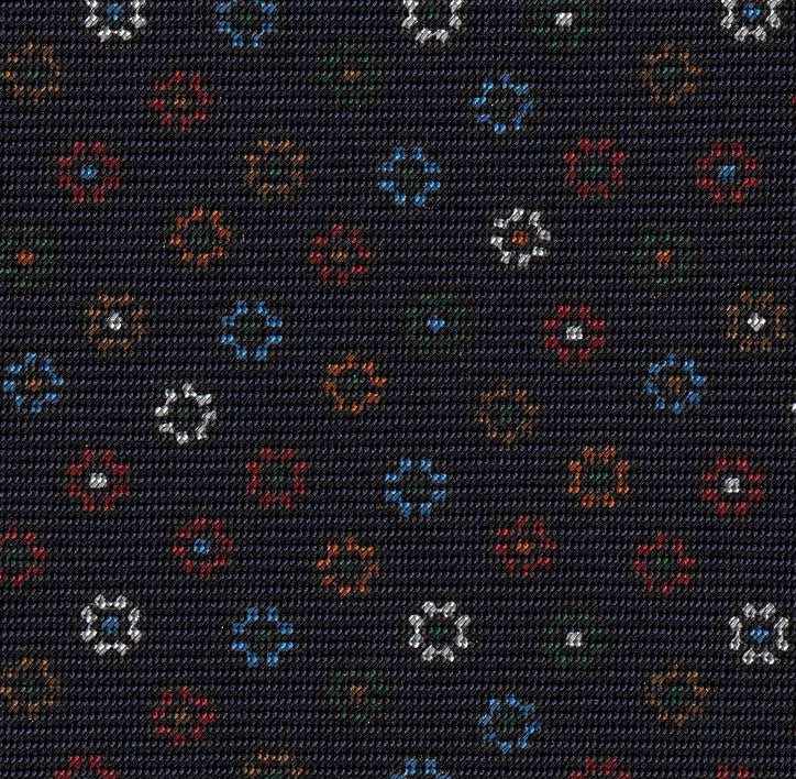 Sky Blue, Red, Orange, White, Burnt Orange & Dark Green on Dark Navy Blue Print Pattern Silk Pocket Square MCP-608