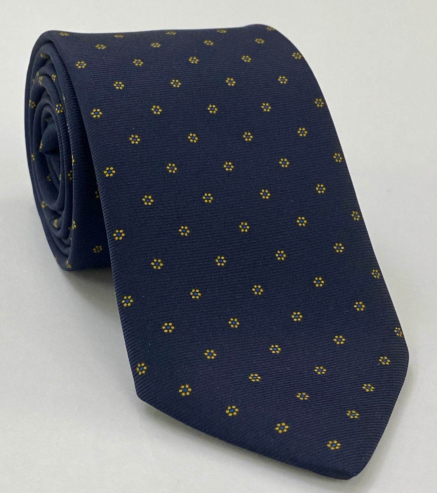 Yellow Gold & Blue on Dark Navy Blue Print Pattern Silk Tie MCT-609
