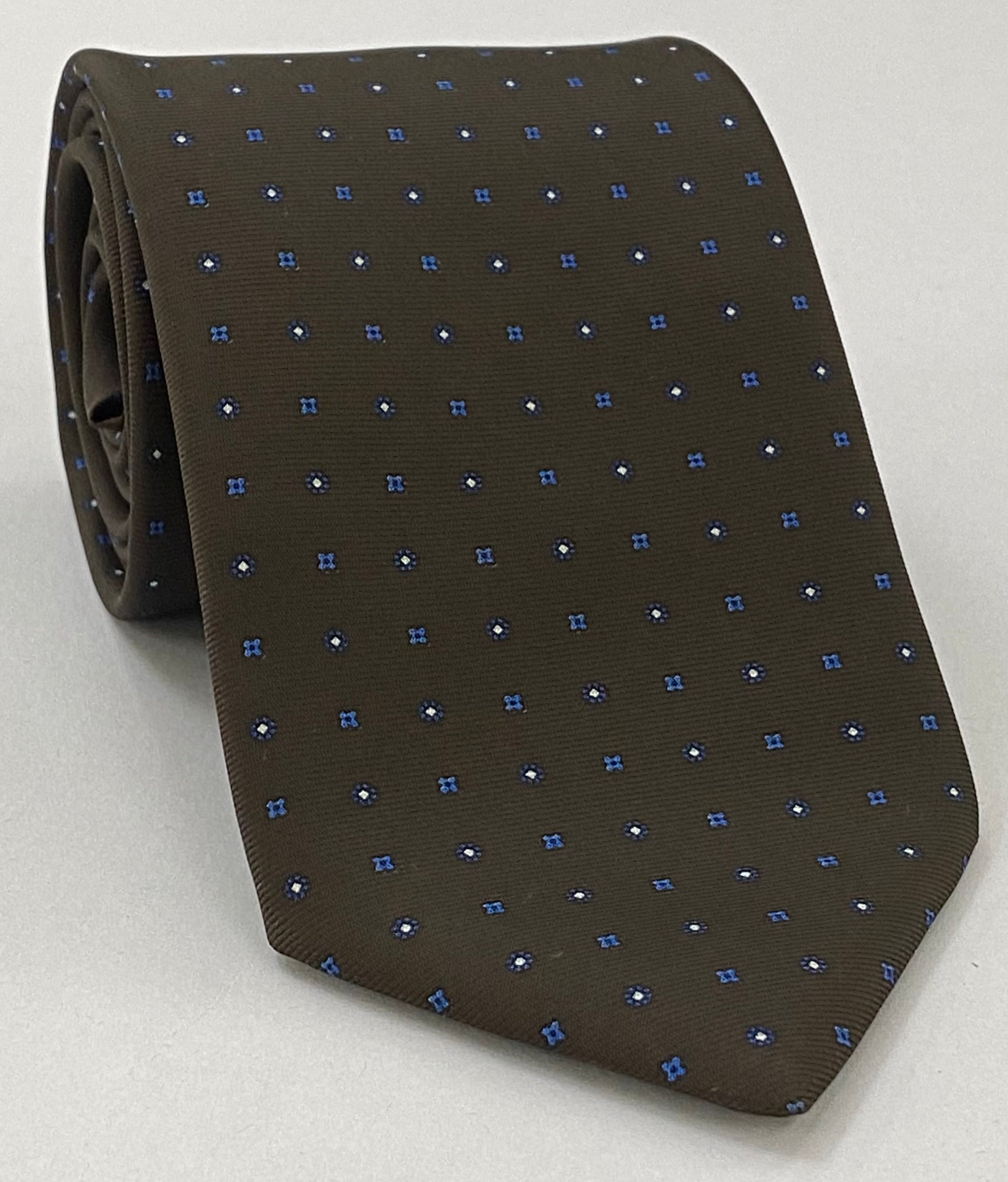 Sky Blue, Blue & Off-White on Dark Chocolate Print Pattern Silk Tie MCT-612