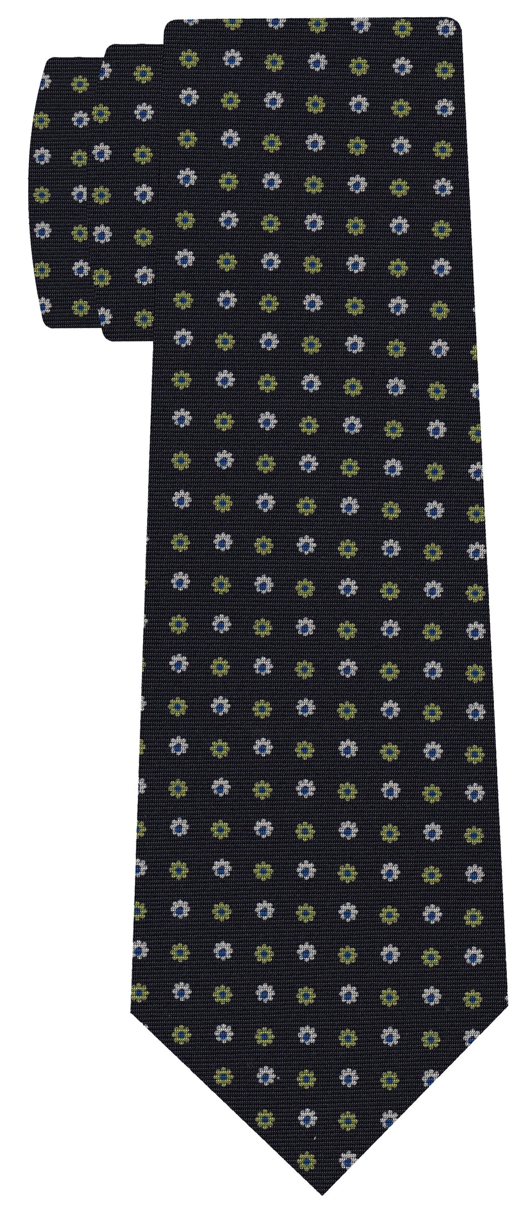 ダークネイビーブルー地にスカイブルー、ホワイト、ライムグリーンのプリント柄シルクネクタイ #MCT-613