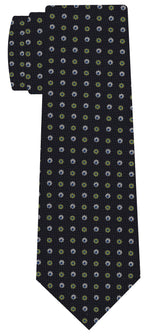 ダークネイビーブルー地にスカイブルー、ホワイト、ライムグリーンのプリント柄シルクネクタイ #MCT-613