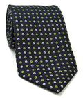 Sky Blue, White & Lime Green on Dark Navy Blue Print Pattern Silk Tie MCT-613