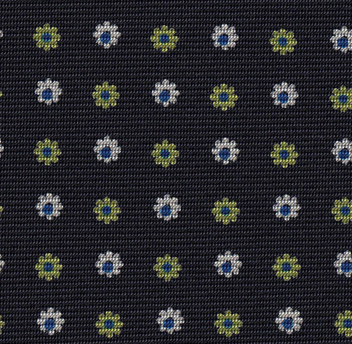 스카이 블루, 화이트 & 라임 그린이 어우러진 다크 네이비 블루 프린트 패턴 실크 타이 #MCT-613