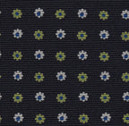 ダークネイビーブルー地にスカイブルー、ホワイト、ライムグリーンのプリント柄シルクネクタイ #MCT-613