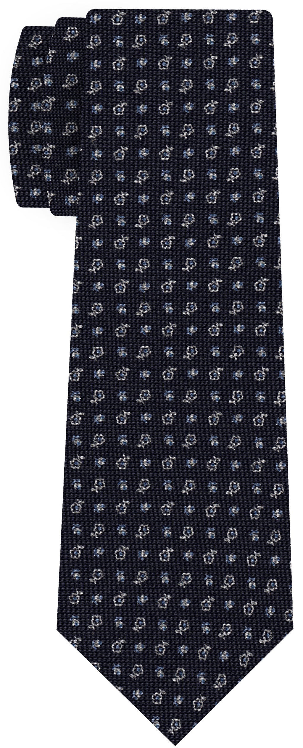 {[en]:White & Sky Blue on Dark Navy Blue Print Pattern Silk Tie