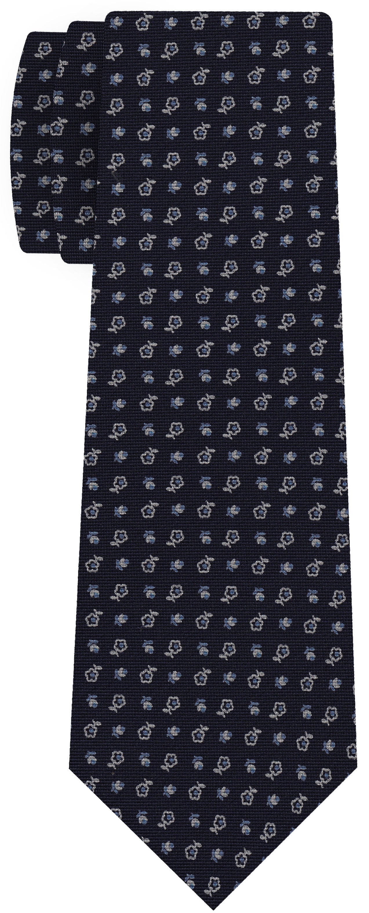 {[en]:White & Sky Blue on Dark Navy Blue Print Pattern Silk Tie
