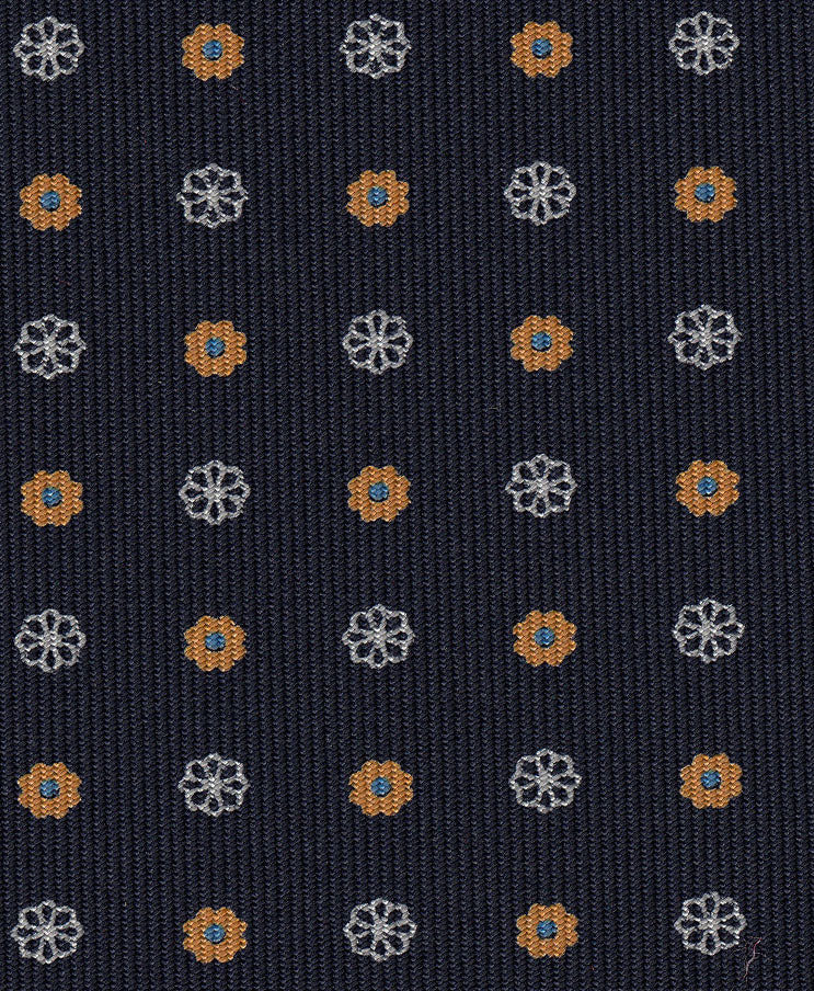 {[en]:Blue,White & Burnt Orange on Dark Navy Blue Print Pattern Silk Tie