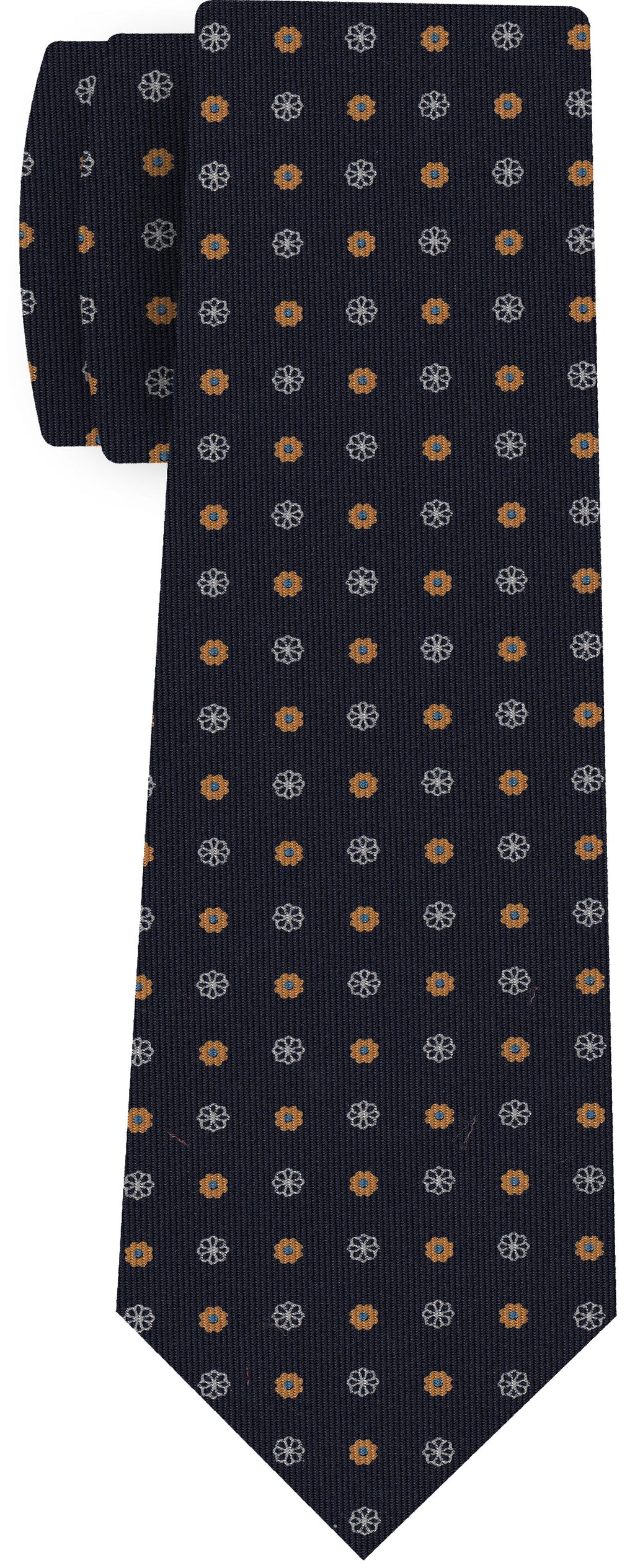 Blue,White & Burnt Orange on Dark Navy Blue Print Pattern Silk Tie #MCT-619