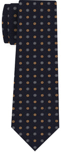 Blue,White & Burnt Orange on Dark Navy Blue Print Pattern Silk Tie MCT-619