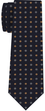 Blue,White & Burnt Orange on Dark Navy Blue Print Pattern Silk Tie #MCT-619