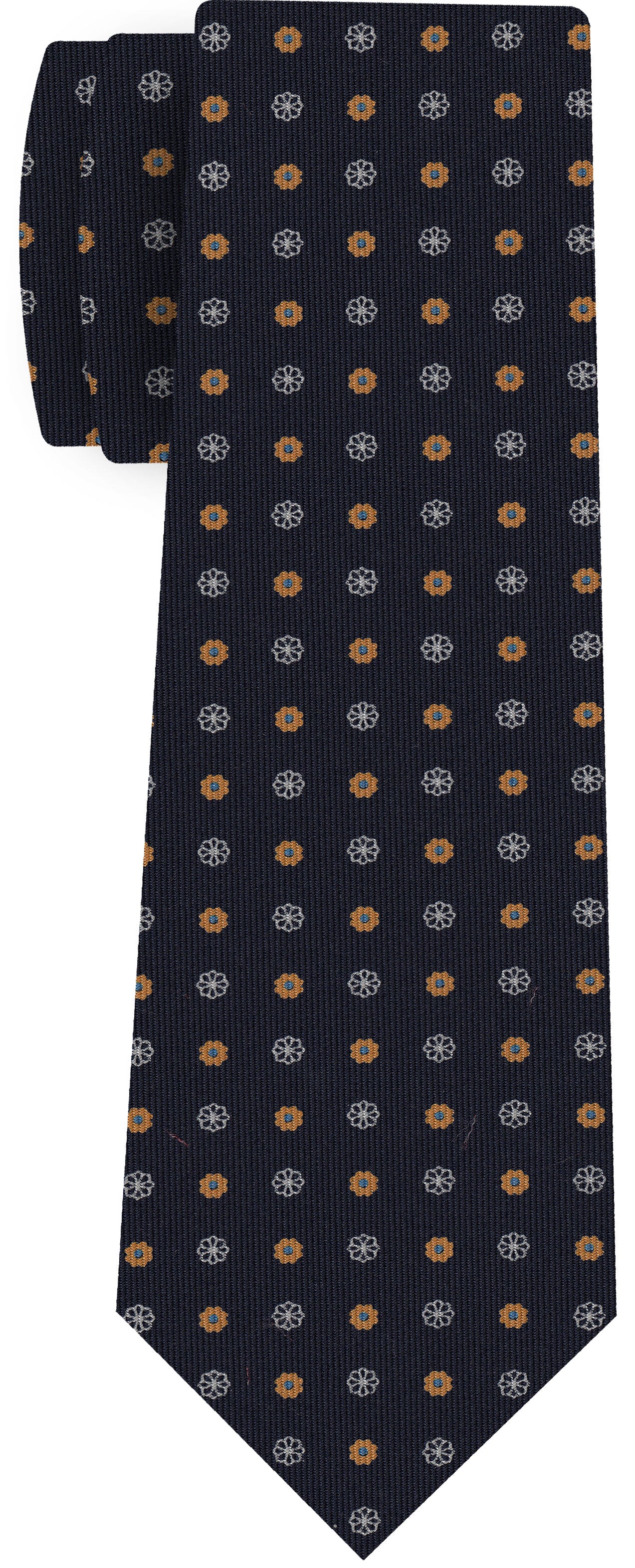 Blue,White & Burnt Orange on Dark Navy Blue Print Pattern Silk Tie MCT-619