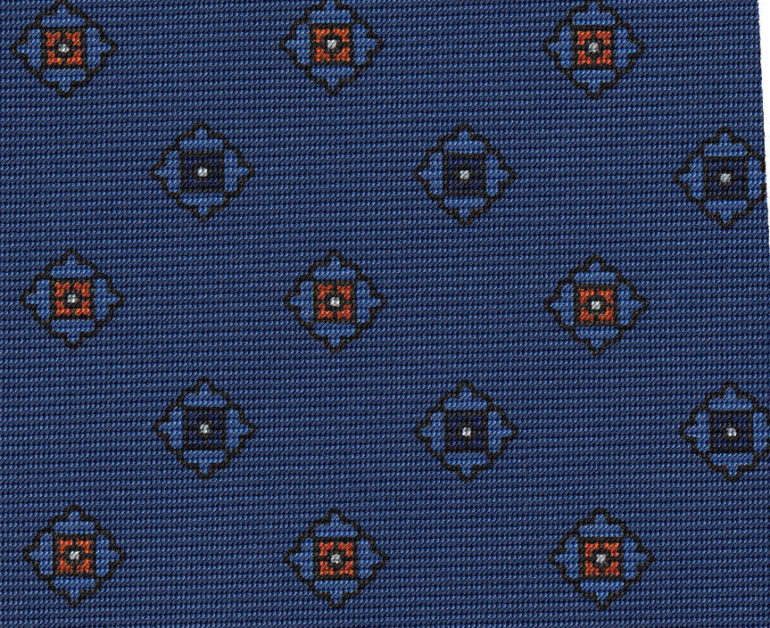 {[en]:Blue,White & Burnt Orange on Dark Blue Print Pattern Silk Tie