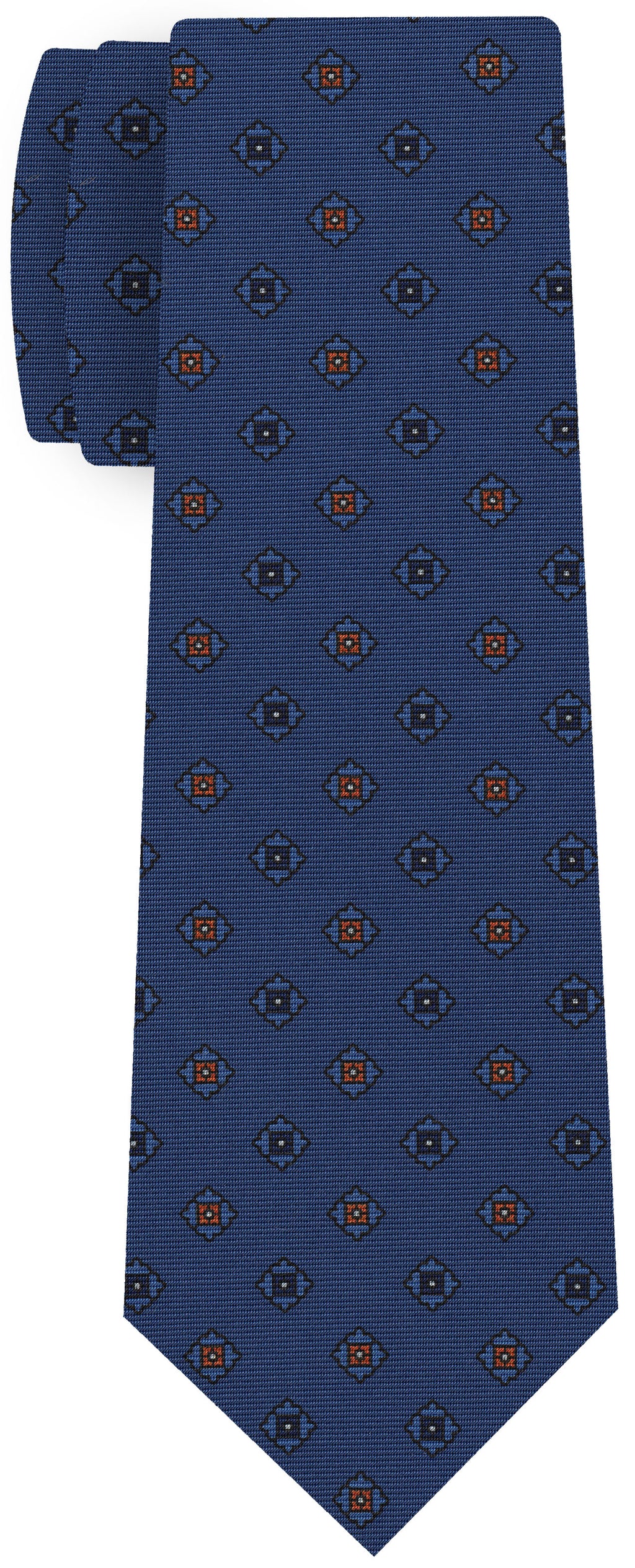 {[en]:Blue,White & Burnt Orange on Dark Blue Print Pattern Silk Tie