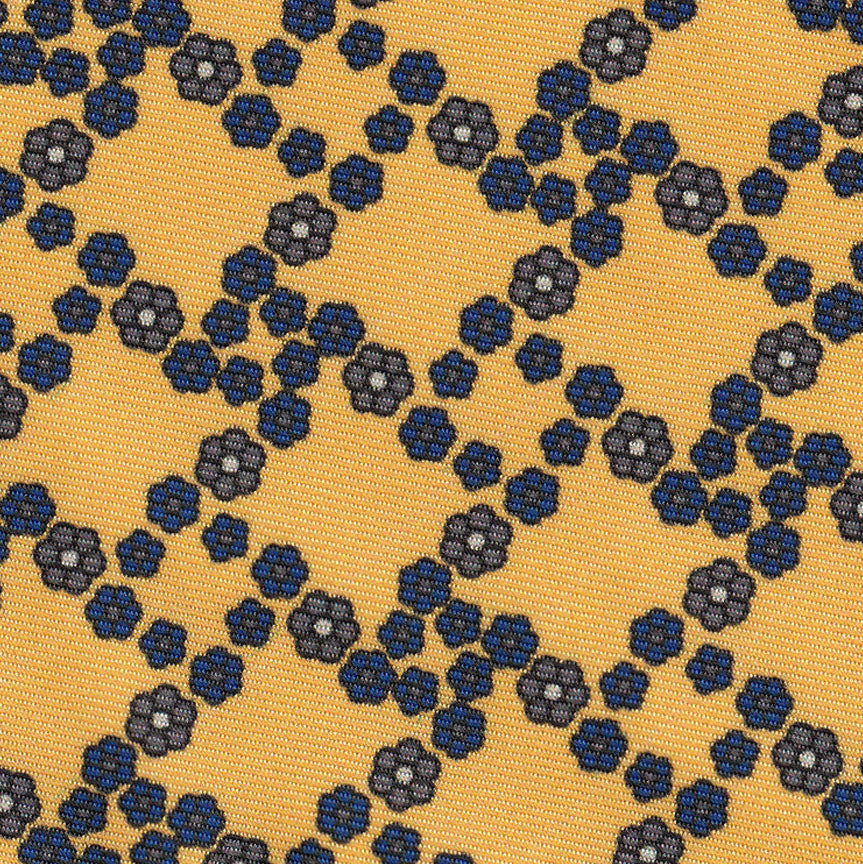 {[en]:Dark Blue, White & Gray on Dark Yellow Print Pattern Silk Tie