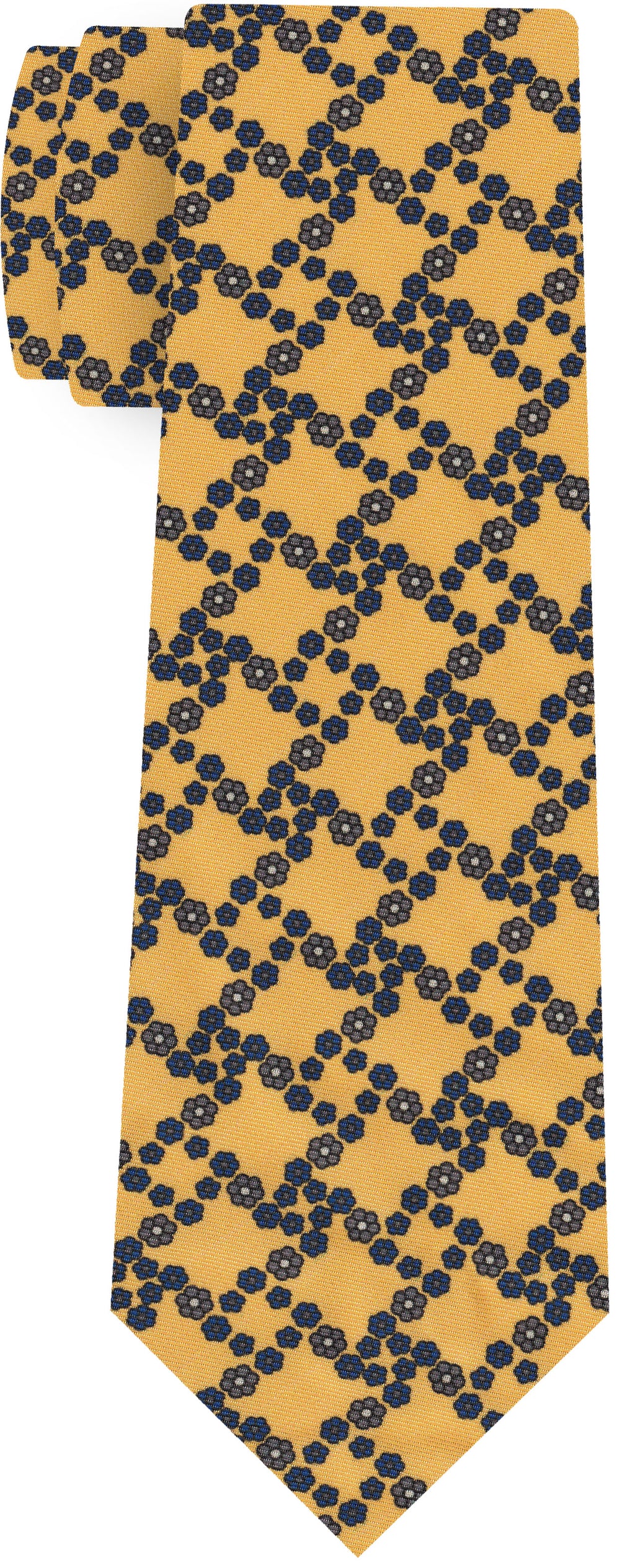 Dark Blue, White & Gray on Dark Yellow Print Pattern Silk Tie #MCT-623