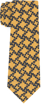 Dark Blue, White & Gray on Dark Yellow Print Pattern Silk Tie #MCT-623