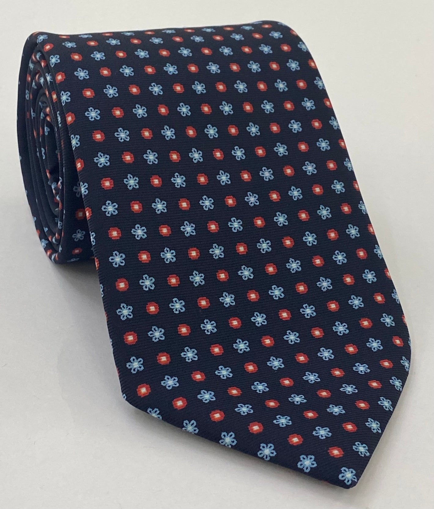 Sky Blue, White & Red on Dark Navy Blue Print Pattern Silk Tie #MCT-624