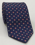 Red, White & Off-White on Dark Navy Blue Print Pattern Silk Tie MCT-628