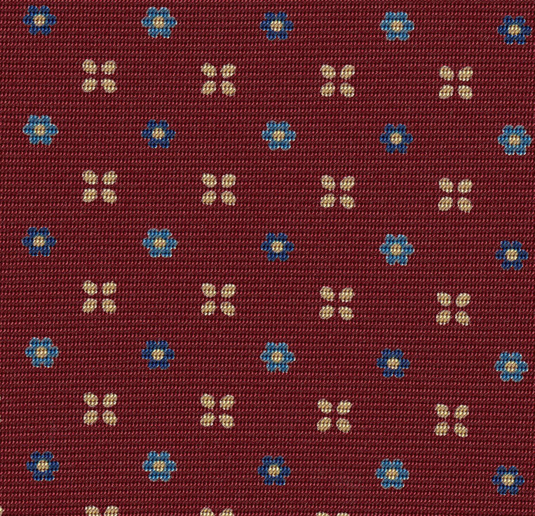 {[en]:Blue, Sky Blue & Off-White on Dark Red Print Pattern Silk Tie