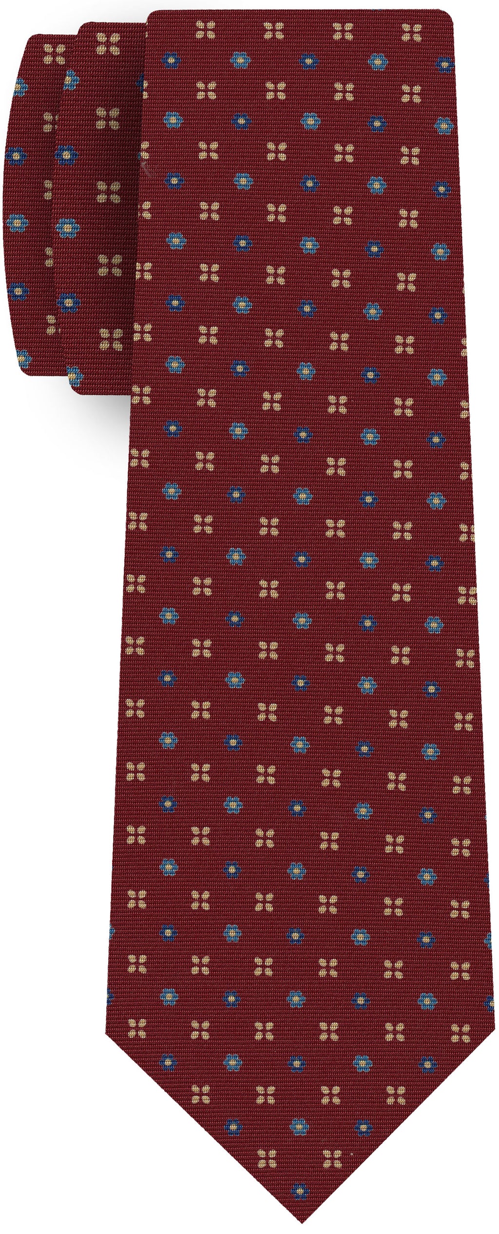 Blue, Sky Blue & Off-White on Dark Red Print Pattern Silk Tie MCT-629