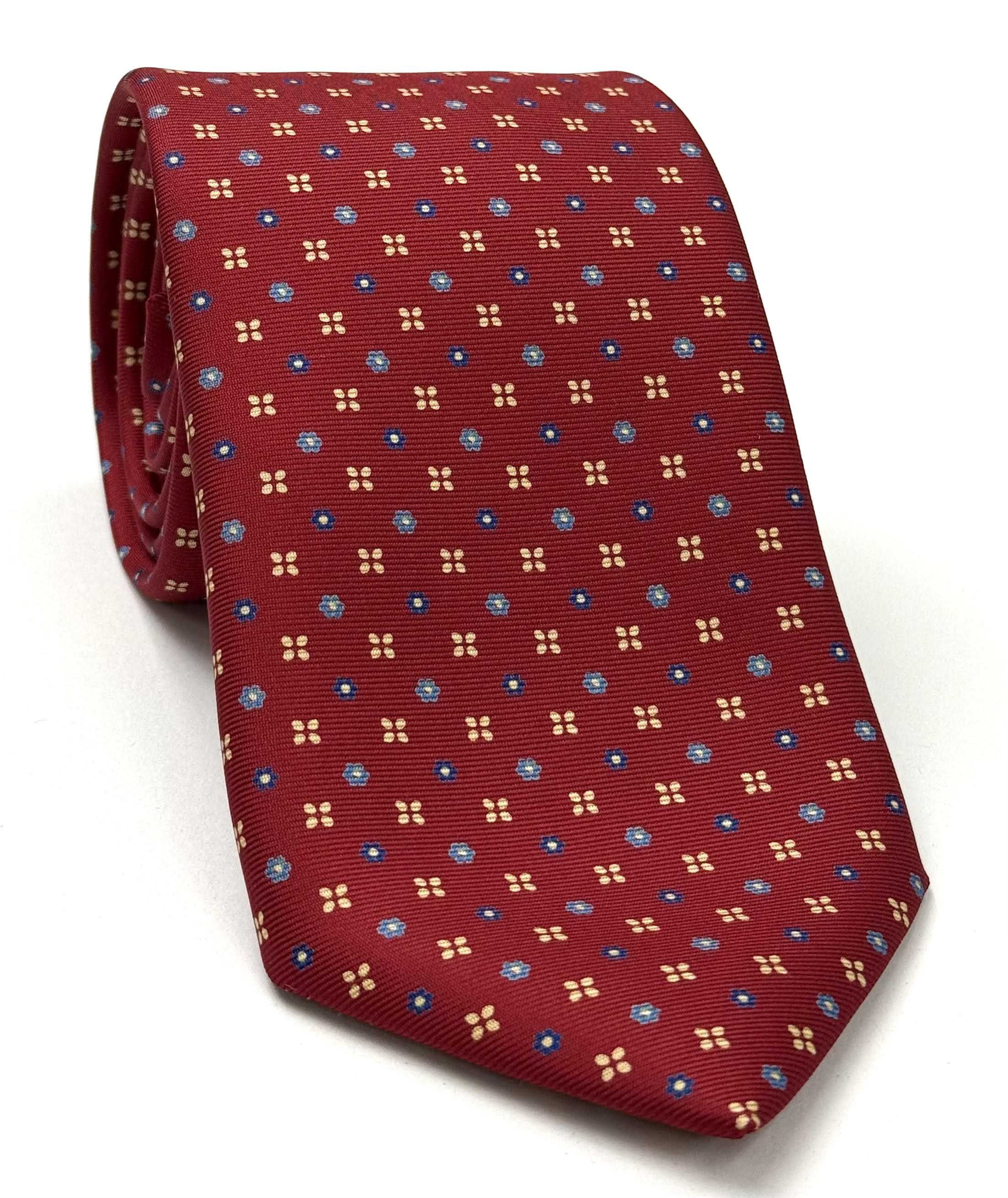 Blue, Sky Blue & Off-White on Dark Red Print Pattern Silk Tie MCT-629