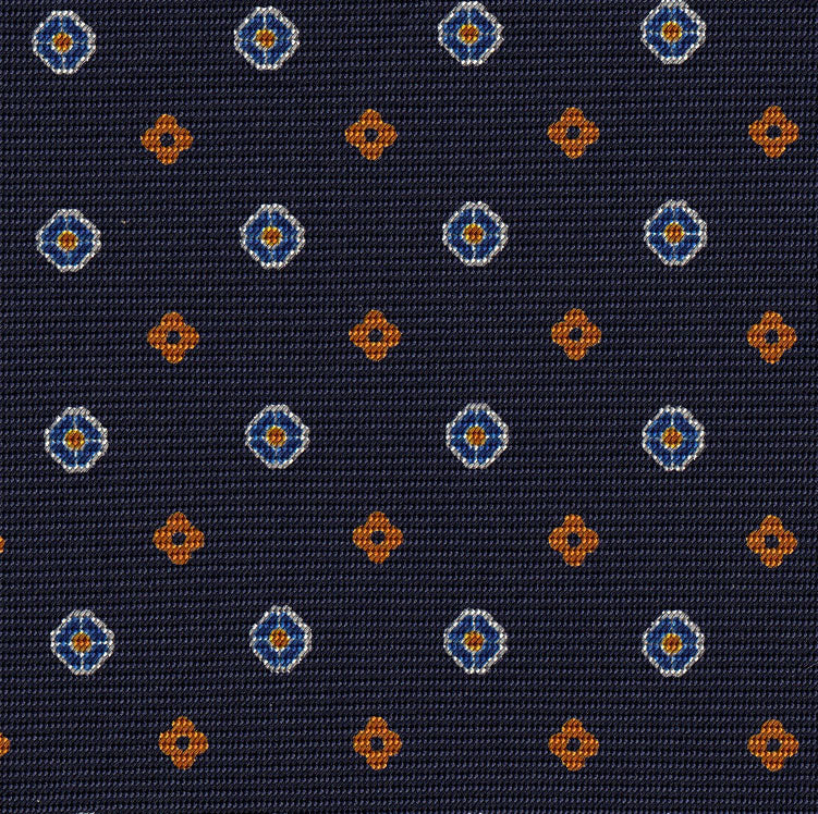 {[en]:Blue, Burnt Orange & Off-White on Dark Navy Blue Print Pattern Silk Tie