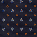 {[en]:Blue, Burnt Orange & Off-White on Dark Navy Blue Print Pattern Silk Tie