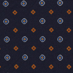 {[en]:Blue, Burnt Orange & Off-White on Dark Navy Blue Print Pattern Silk Tie