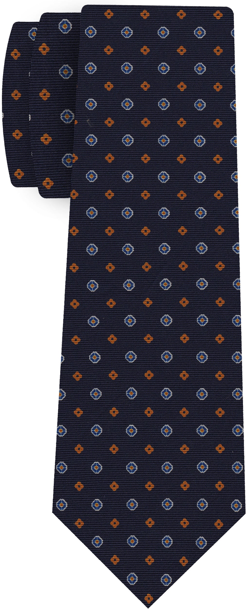 {[en]:Blue, Burnt Orange & Off-White on Dark Navy Blue Print Pattern Silk Tie