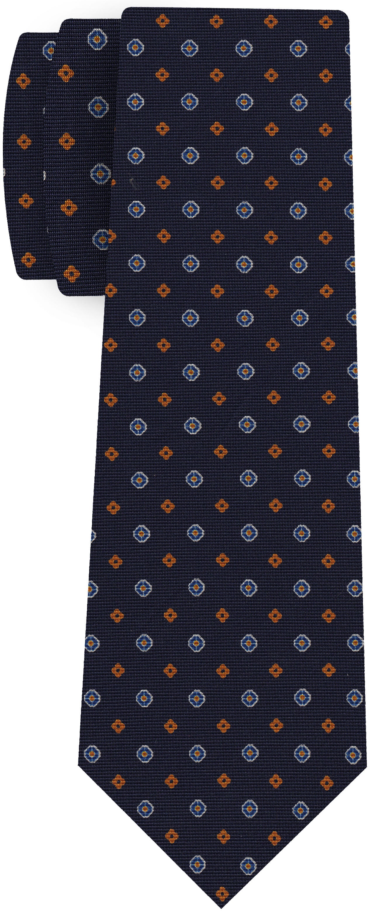 {[en]:Blue, Burnt Orange & Off-White on Dark Navy Blue Print Pattern Silk Tie