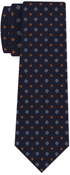 {[en]:Blue, Burnt Orange & Off-White on Dark Navy Blue Print Pattern Silk Tie