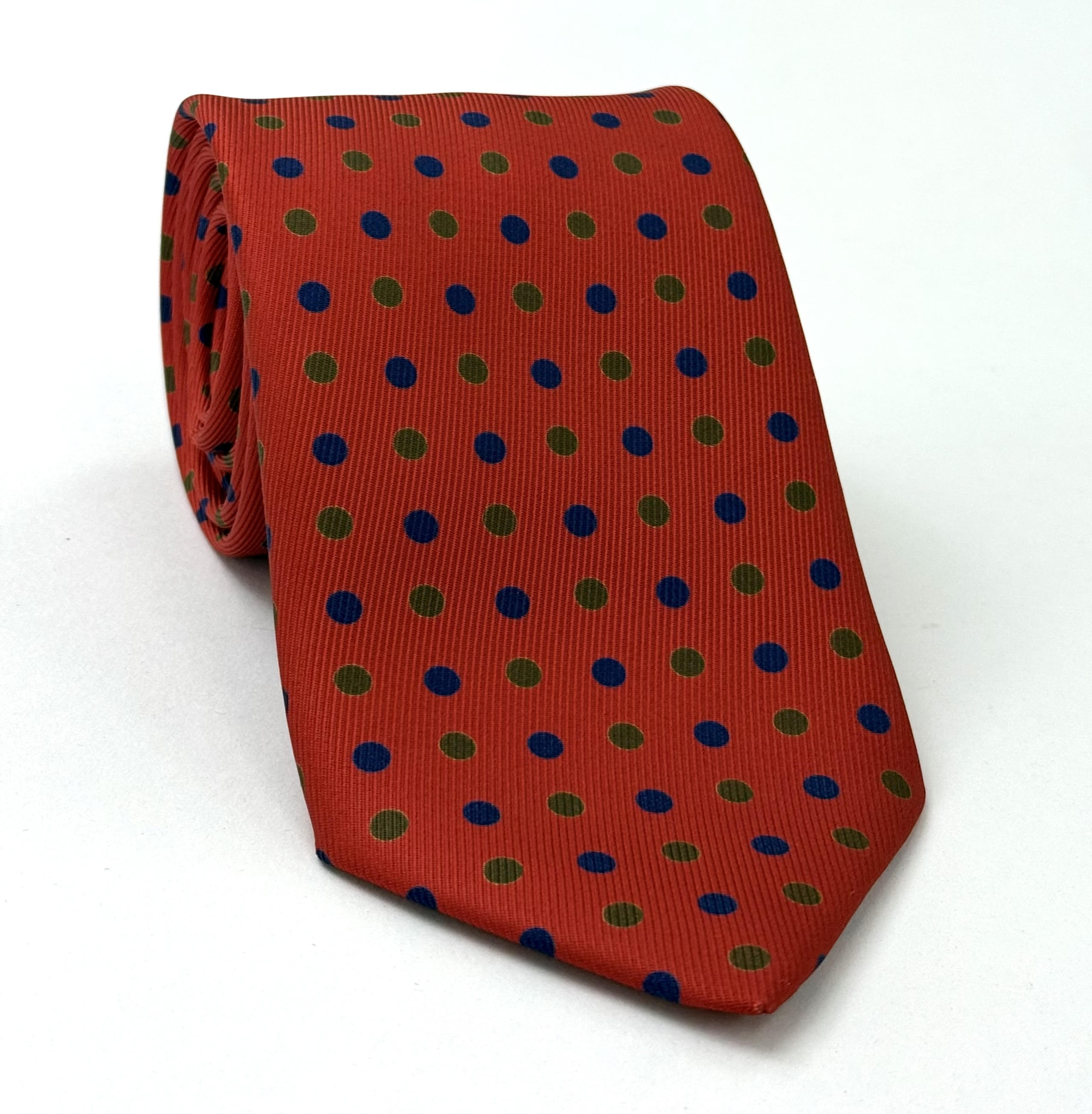 Dark Blue & Dark Olive Green on Reddish Orange Print Pattern Silk Tie MCT-635