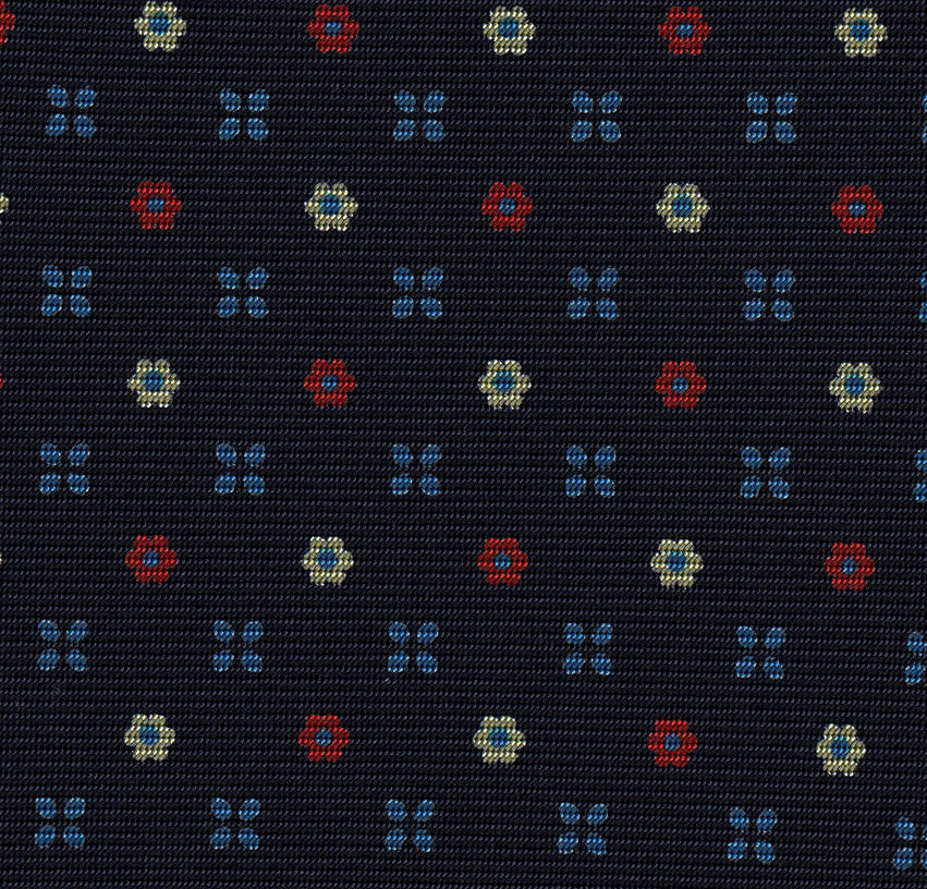 {[en]:Red, Blue & Light Yellow on Dark Navy Blue Print Pattern Silk Tie