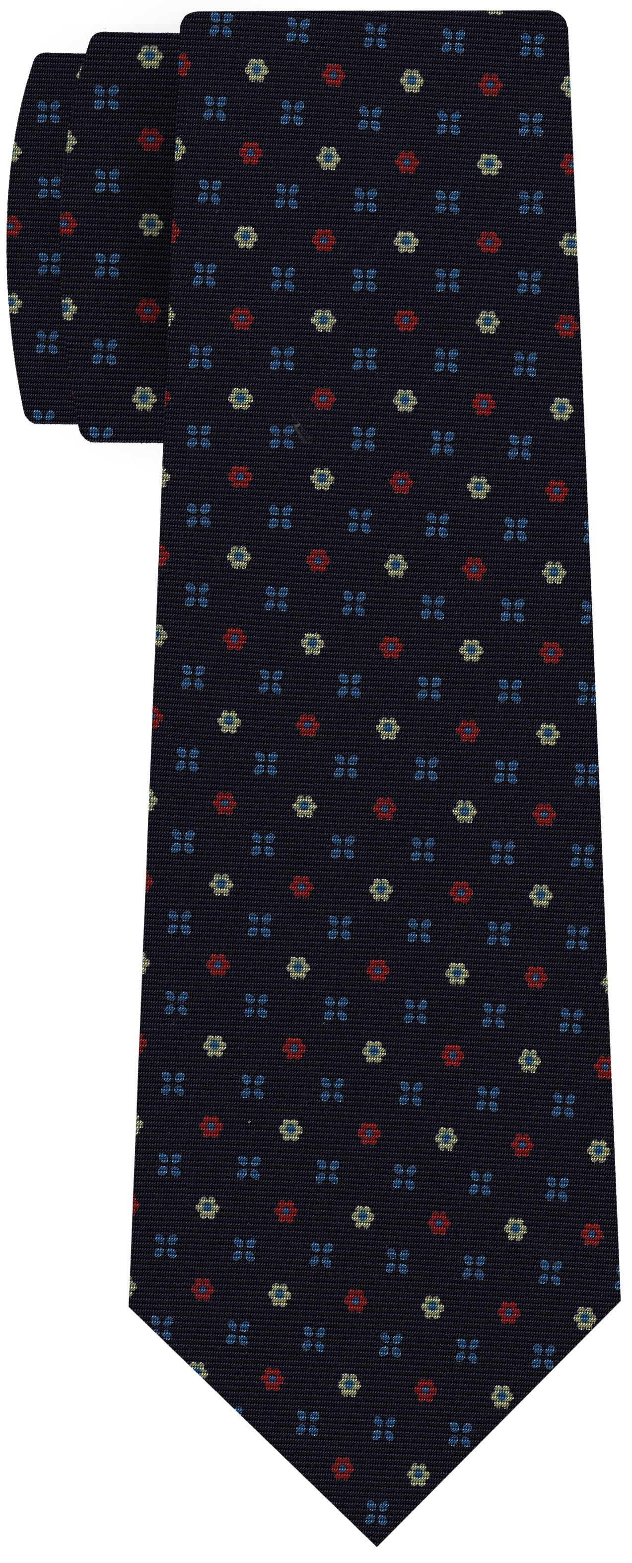{[en]:Red, Blue & Light Yellow on Dark Navy Blue Print Pattern Silk Tie