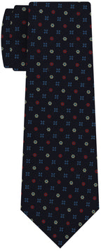 {[en]:Red, Blue & Light Yellow on Dark Navy Blue Print Pattern Silk Tie