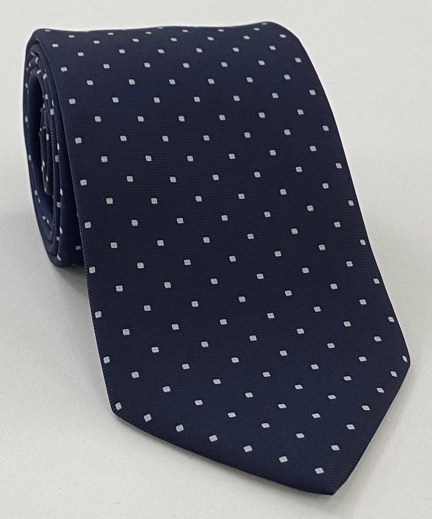 White on Dark Navy Blue Print Pattern Silk Tie MCT-639