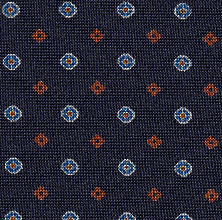 {[en]:Burnt Orang, Blue & White on Dark Navy Blue Print Pattern Silk Tie