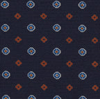 {[en]:Burnt Orang, Blue & White on Dark Navy Blue Print Pattern Silk Tie