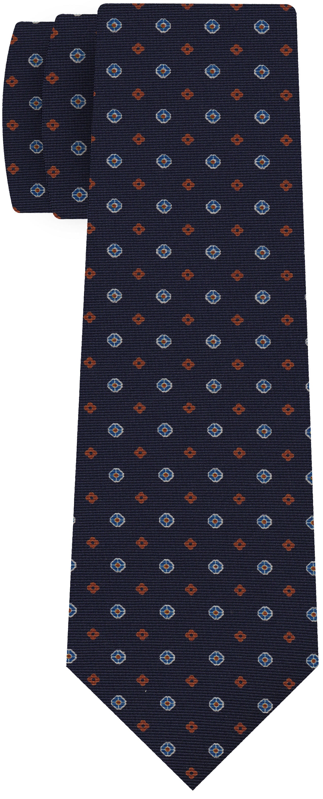 {[en]:Burnt Orang, Blue & White on Dark Navy Blue Print Pattern Silk Tie