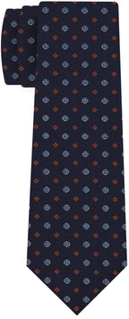 {[en]:Burnt Orang, Blue & White on Dark Navy Blue Print Pattern Silk Tie