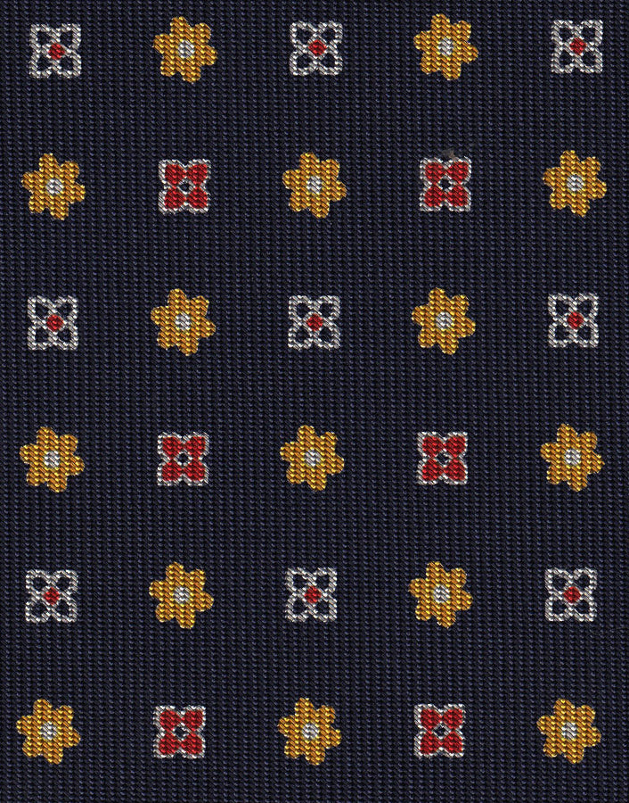 {[en]:Navy, Red, White & Yellow Gold on Midnight Blue Pattern Silk Tie